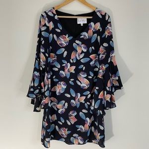 Nicole Miller Navy Leaf Print Dress Bell Sleeves
